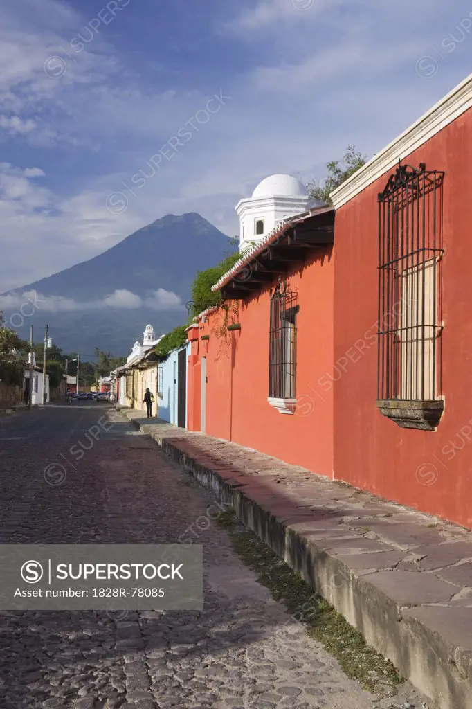 Street and Volcan de Agua, Antigua, Sacatepequez Department, Guatemala