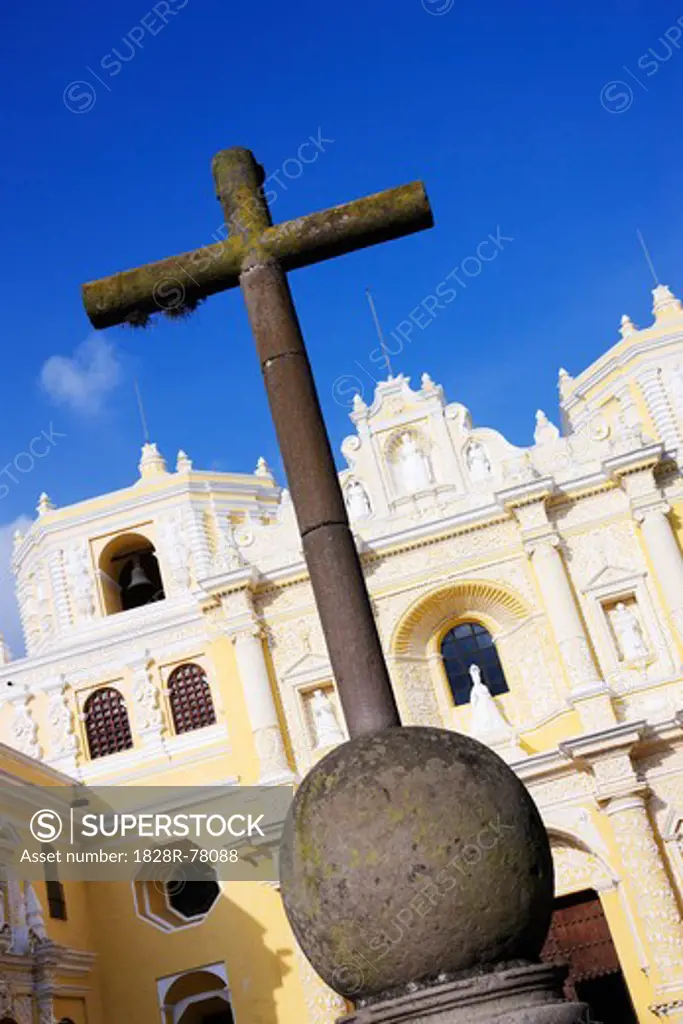 Stone Cross and Iglesia La Merced, Antigua, Sacatepequez Department, Guatemala