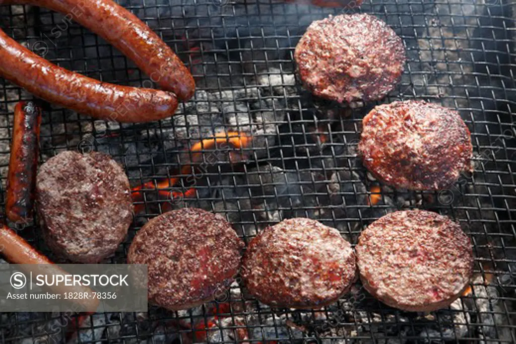 Close-up of Burgers and Hot Dogs on the Barbecue, Houston, Texas, USA