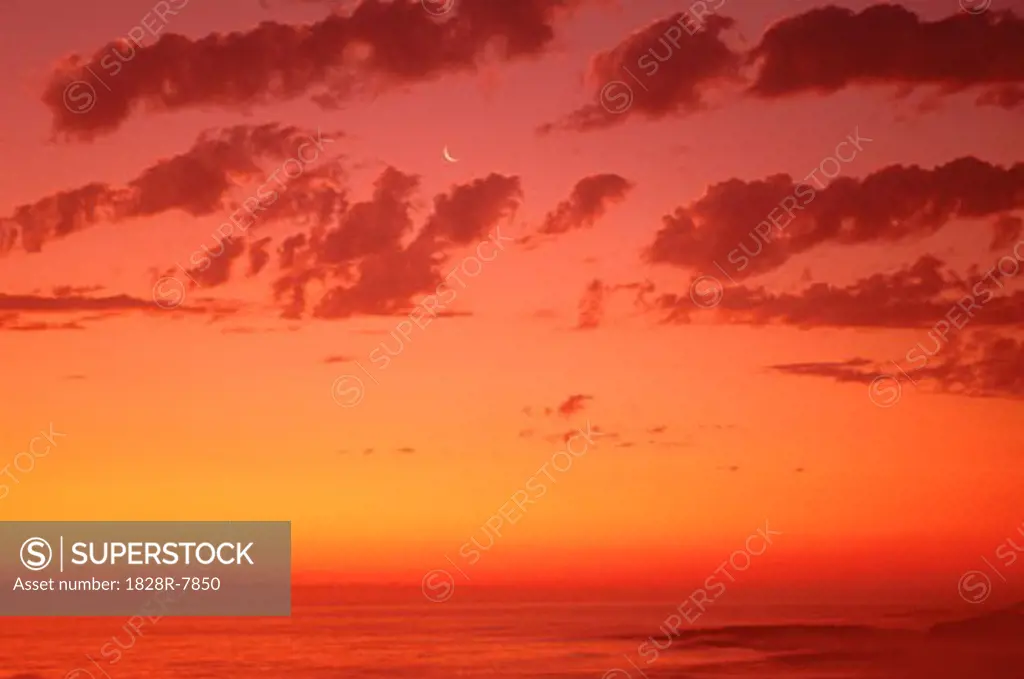 Sunset with Crescent Moon Over Ocean, Bogensveld, Namibia   