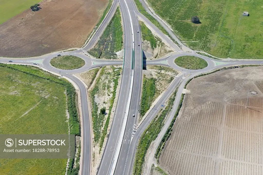Aerial View of Highway with Traffic Roundabout, Cadiz Province, Andalusia, Spain