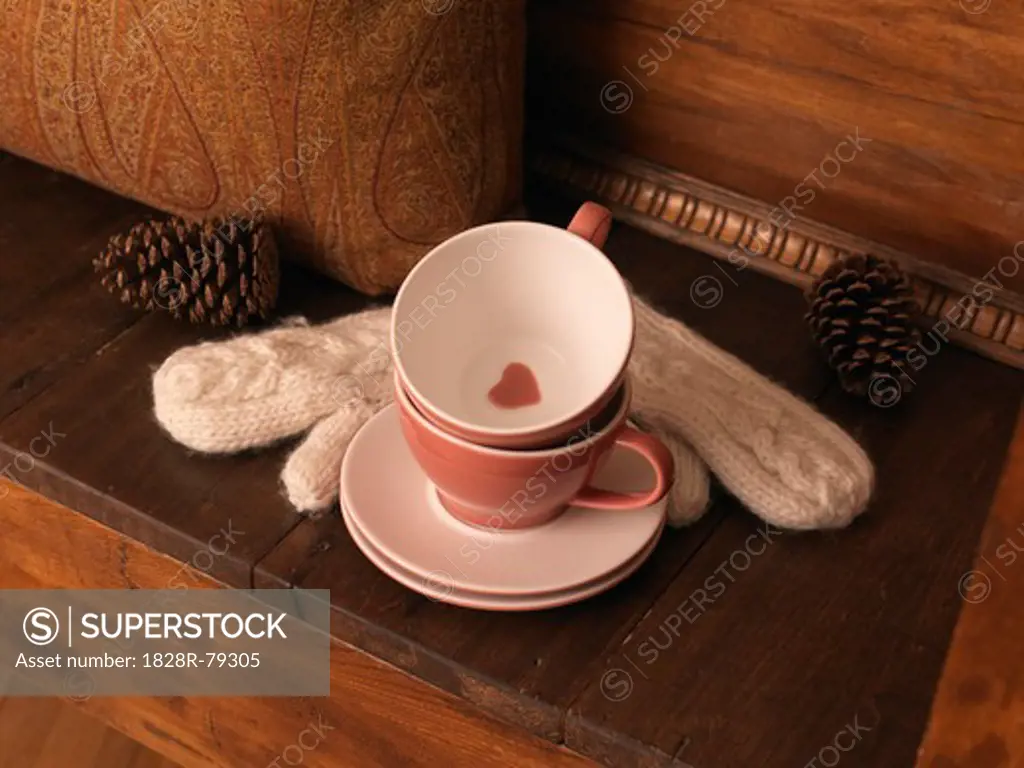 Cups and Saucers, Mittens, and Pine Cones on Bench