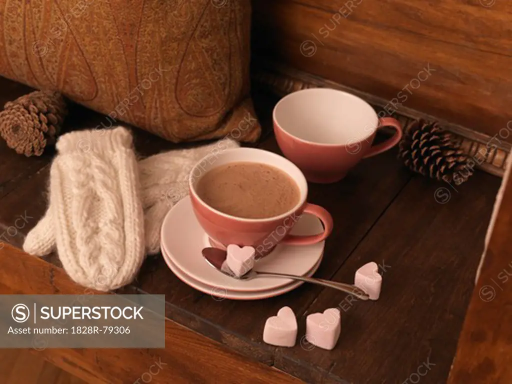Hot Chocolate and Mittens on Bench