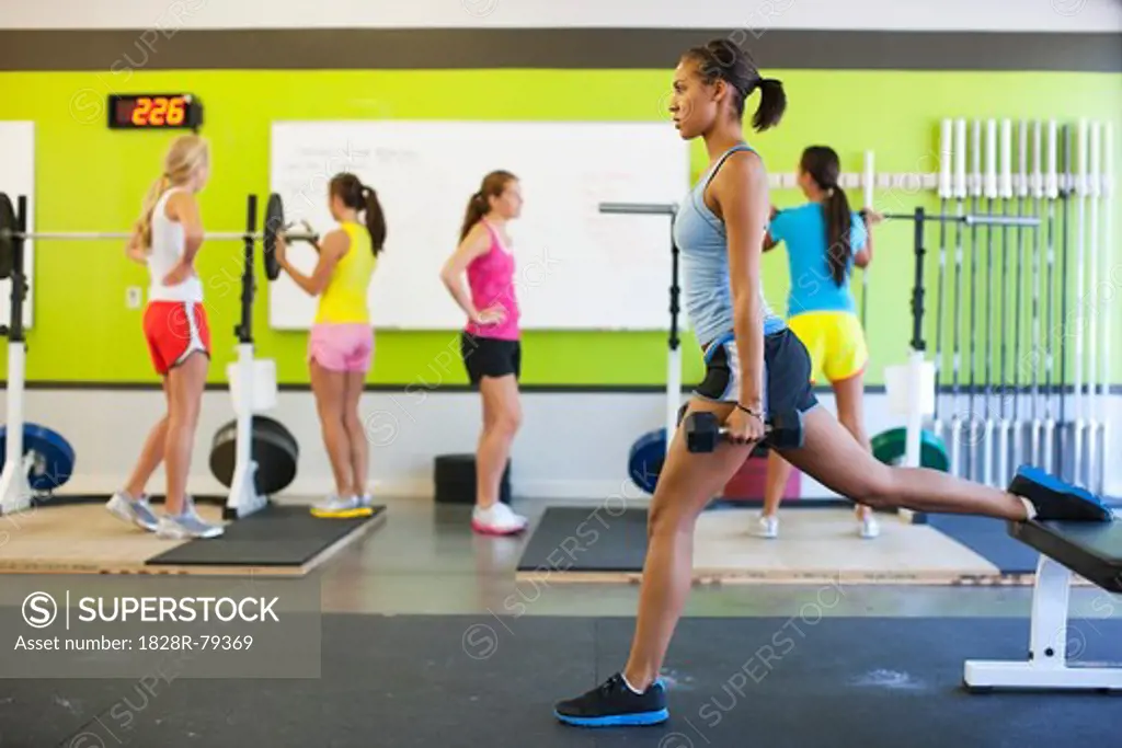 Group of Teenagers Exercising in Gym, Lake Oswego, Oregon, USA