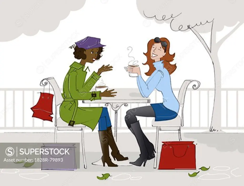 Illustration of Two Women Having Coffee at a Cafe