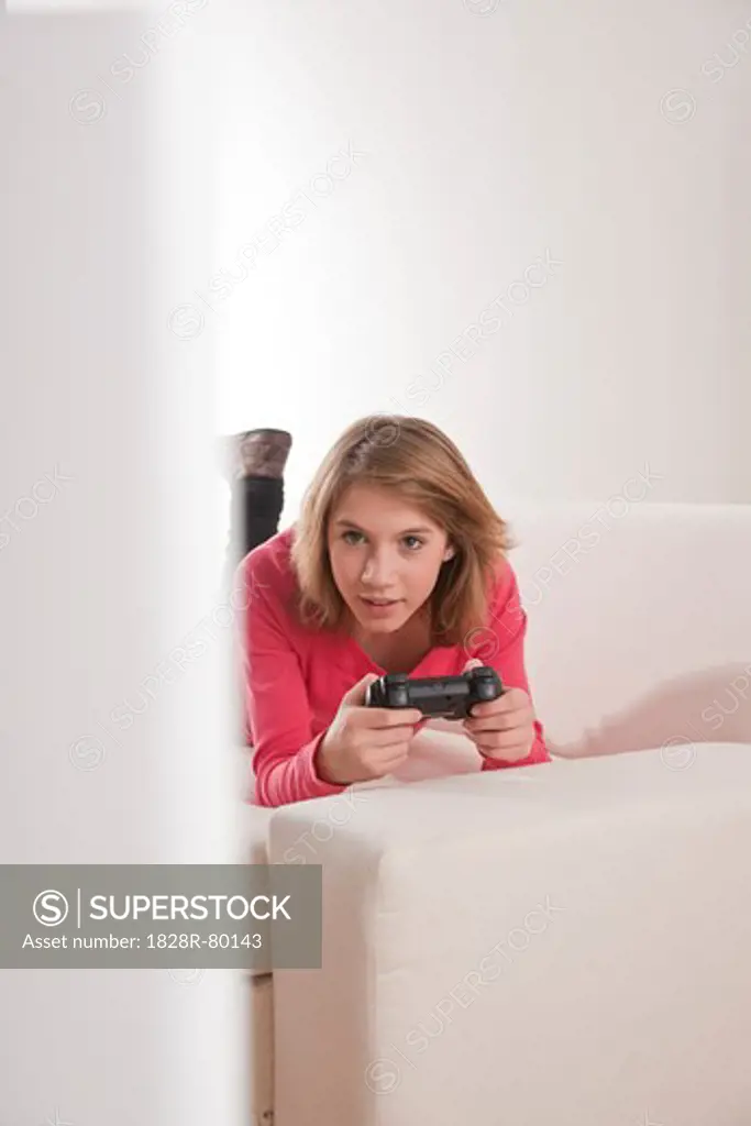 Teenage Girl Playing Video Games, Mannheim, Baden-Wurttemberg, Germany
