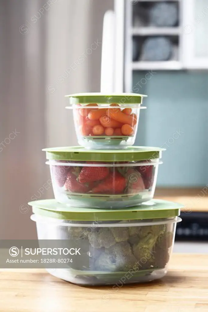 Containers of Carrots, Strawberries and Broccoli