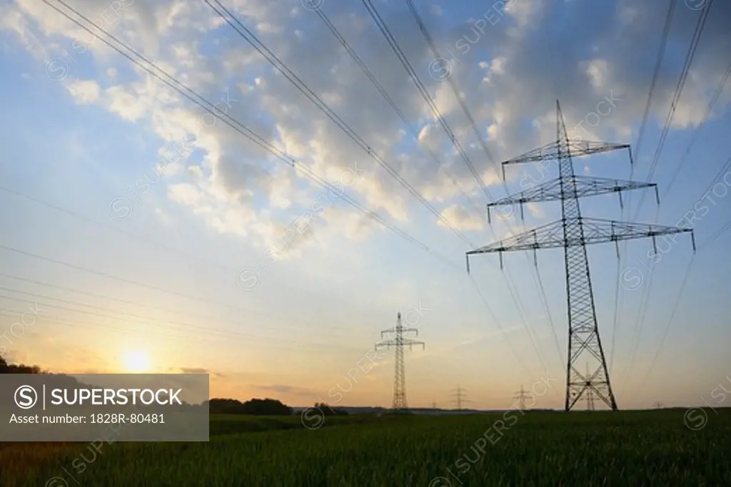 Electricity Pylon at Sunset, Unterwittbach, Bavaria, Germany