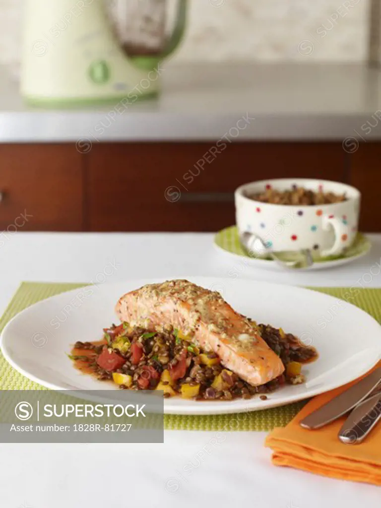 Baked Salmon with Lentils and Vegetables and Baby Food in Background