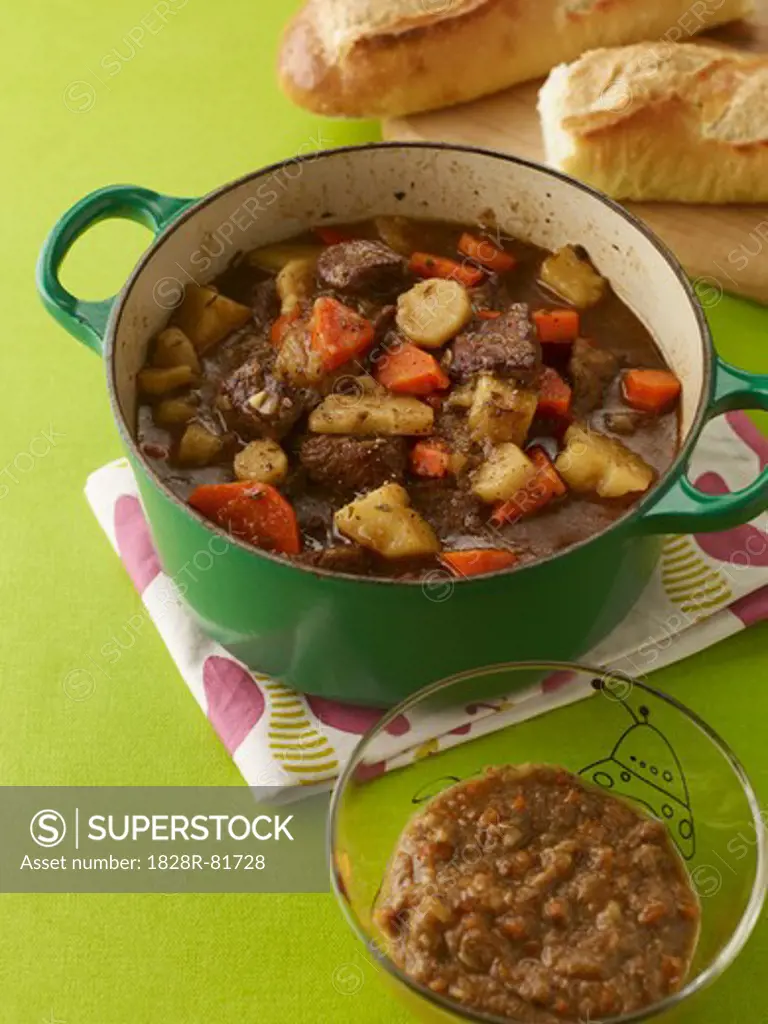 Beef Stew in Pot with Baby Food and Baguette