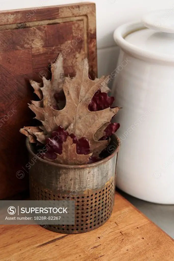 Leaf in Tin Can on Wooden Countertop