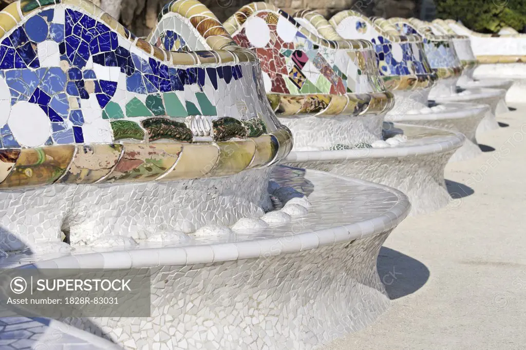 Close-up of Mosaics on Gaudi Building, Parc Guell, Barcelona, Spain