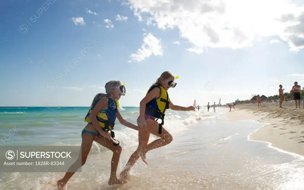 Girls in Snorkeling Gear on Beach, Reef Playacar Resort and Spa, Playa del Carmen, Mexico