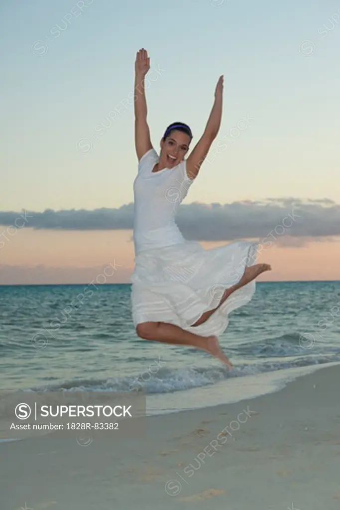 Woman Jumping, Reef Playacar Resort and Spa Hotel, Playa del Carmen, Quintana Roo, Yucatan Peninsula, Mexico