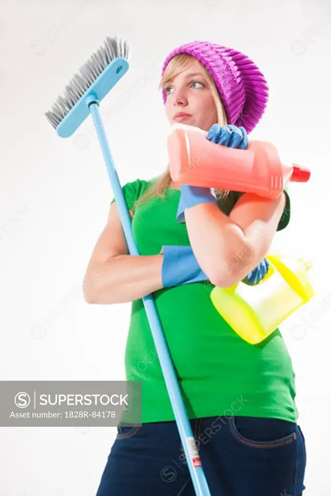 Portrait of Young Woman with Cleaning Supplies