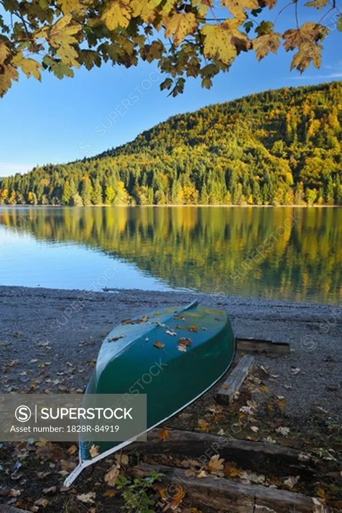 Canoe on Shore, Niedernach, Walchensee, Bavaria, Germany