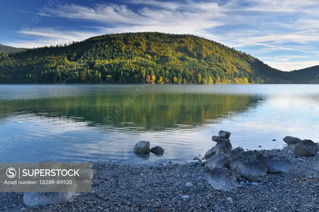 Rocky Shore by Lake in Autumn, Niedernach, Walchensee, Bavaria, Germany