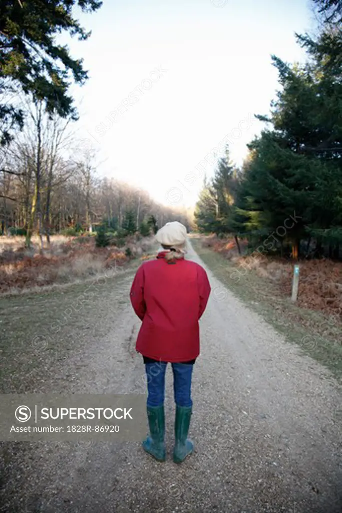Backview of Woman Standing on Country Path, Farnham, England