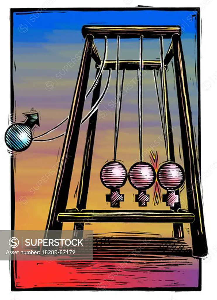 Conceptual Illustration of Newton's Cradle and Male and Female Gender Symbols