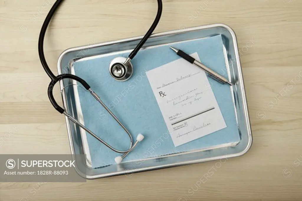 Stethoscope, Pen and Prescription on Medical Tray, Birmingham, Alabama, USA