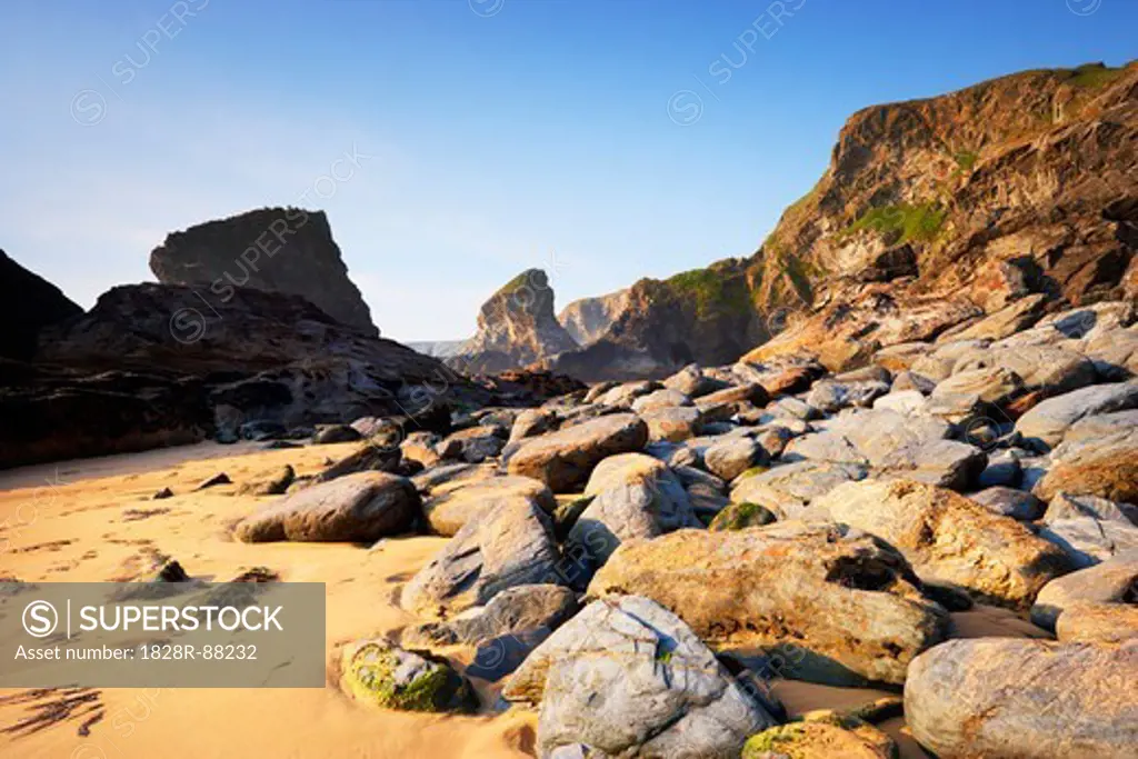 Boulders on Beach at Bedruthan Steps at Low Tide, Cornwall, England