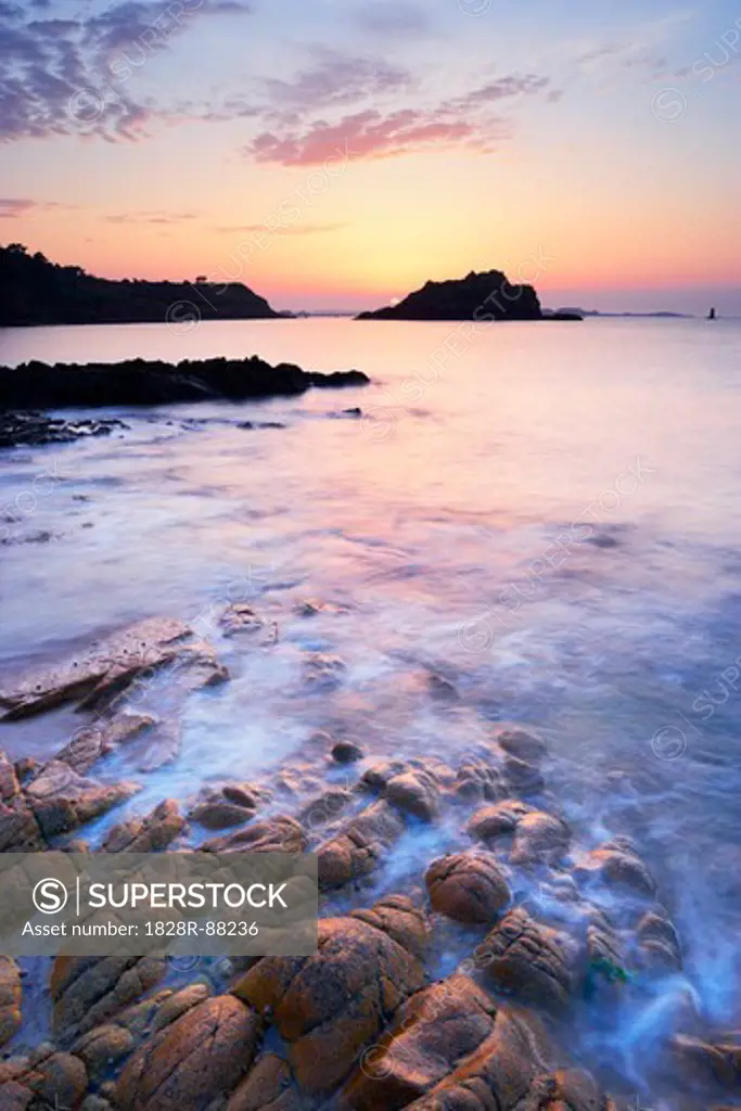 Rocky Coastline at Sunset, Bay of Morlaix, Finistere, Brittany, France