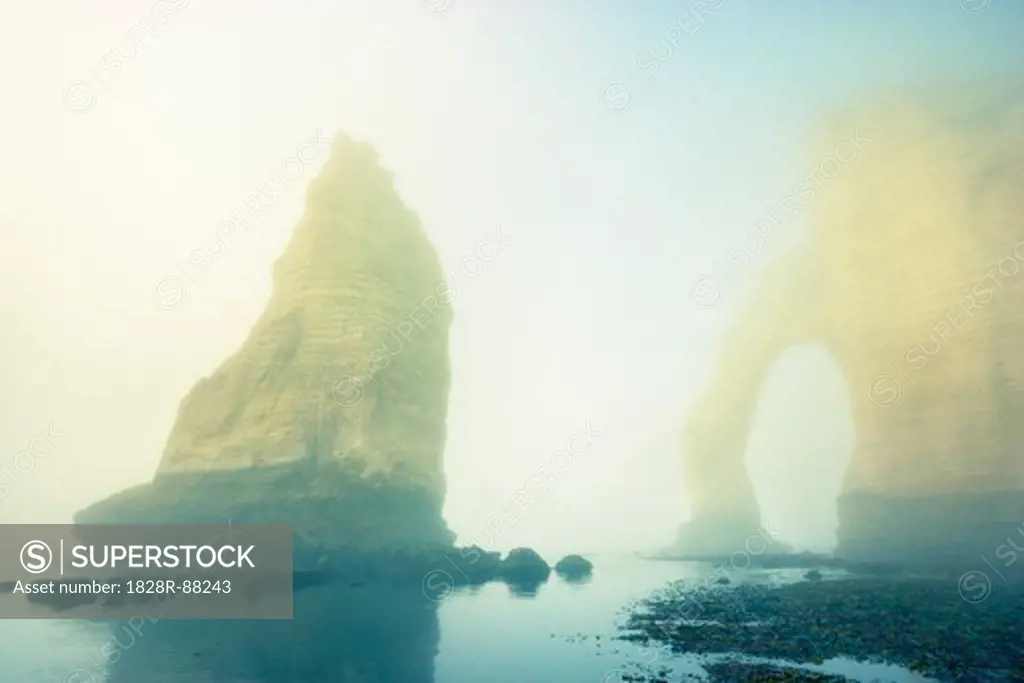 Natural Arch and Sea Stack in Mist, Etretat, Normandy, France