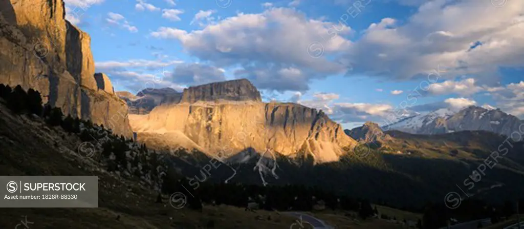 Marmolada, Sass Pordoi and Piz Boe, View From Sella Pass, South Tyrol, Trentino-Alto Adige, Dolomites, Italy