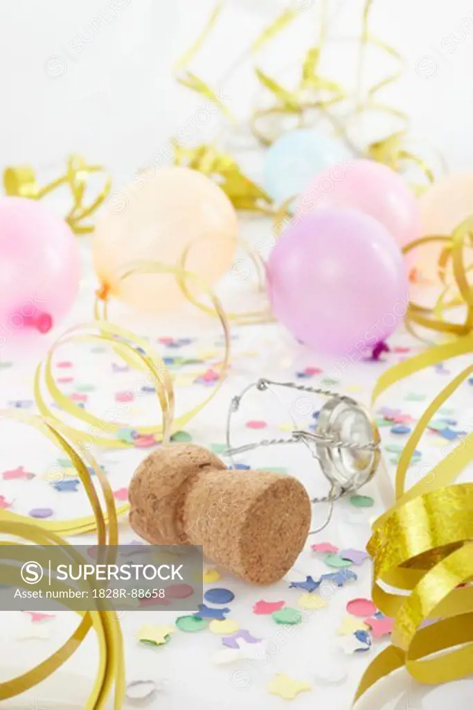 Champagne Cork, Ballons and Streamers