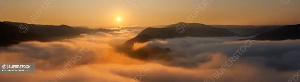 Mosel Valley Covered in Fog at Sunrise, near Bremm, Cochem-Zell District, Rhineland-Palatinate, Germany