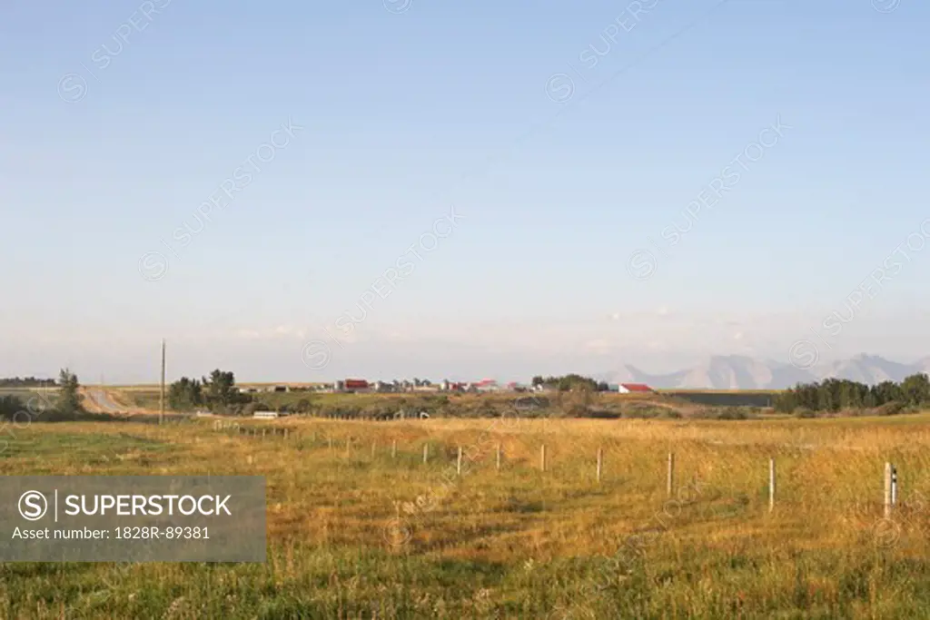 Prairie Farm and Fields, Rocky Mountains in Distance, Utopia Farm, Pincher Creek, Alberta, Canada