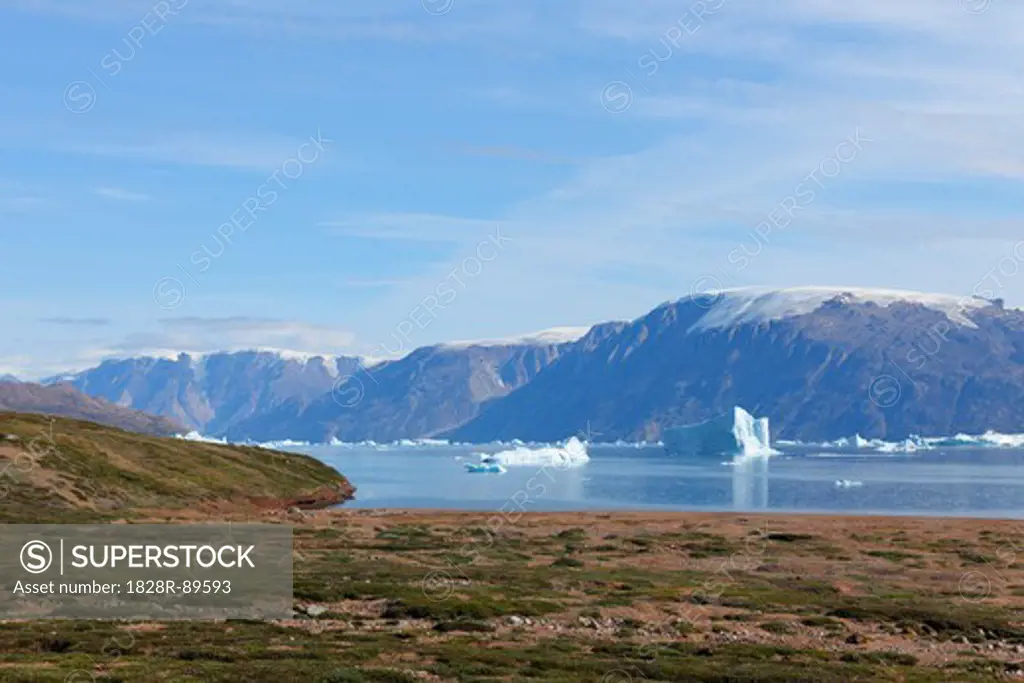 Icebergs and Mountain, Harefjorden, Scoresby Sund, Greenland