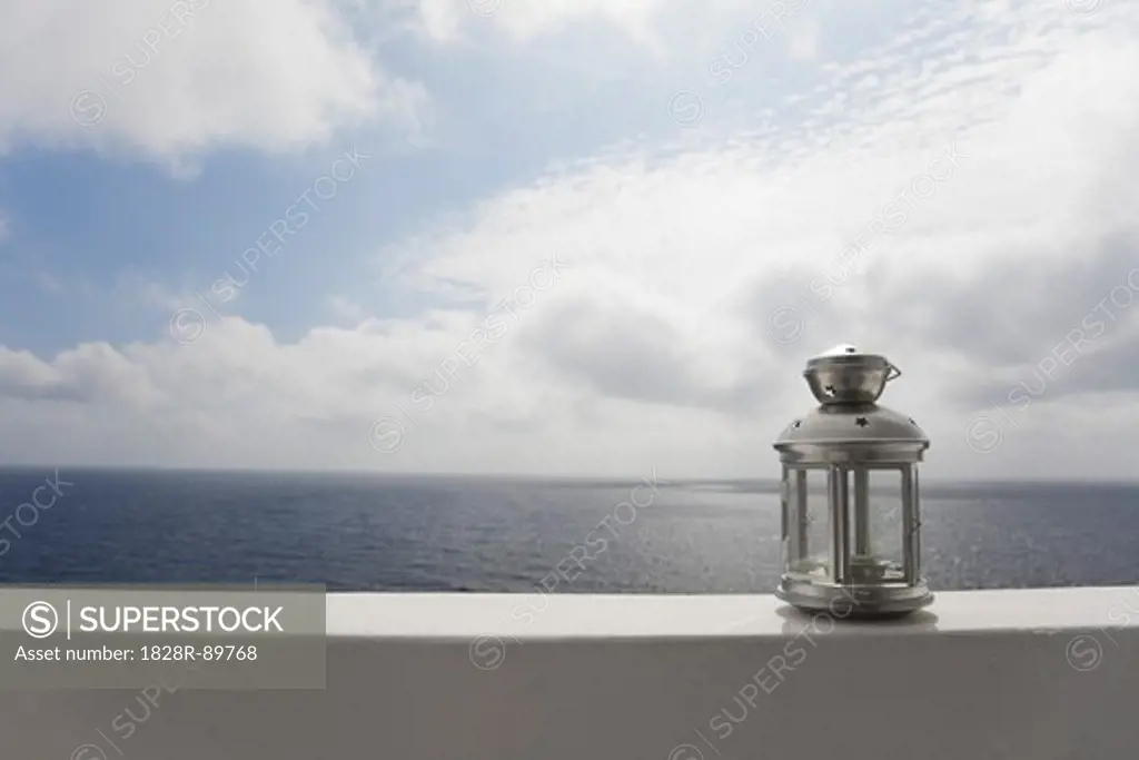 Lantern on Ledge overlooking Sea, Ginostra, Stromboli Island, Aeolian Islands, Italy