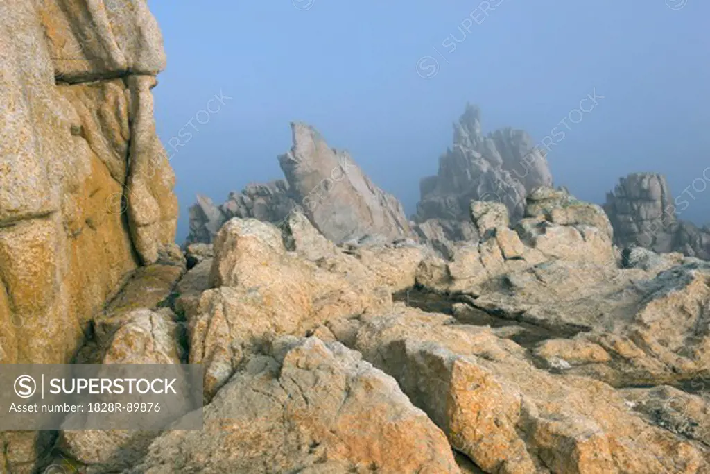 Rocky Coastline at Pointe de Creac'h with Fog, Ile d'Ouessant, Finistere, Brittany, France