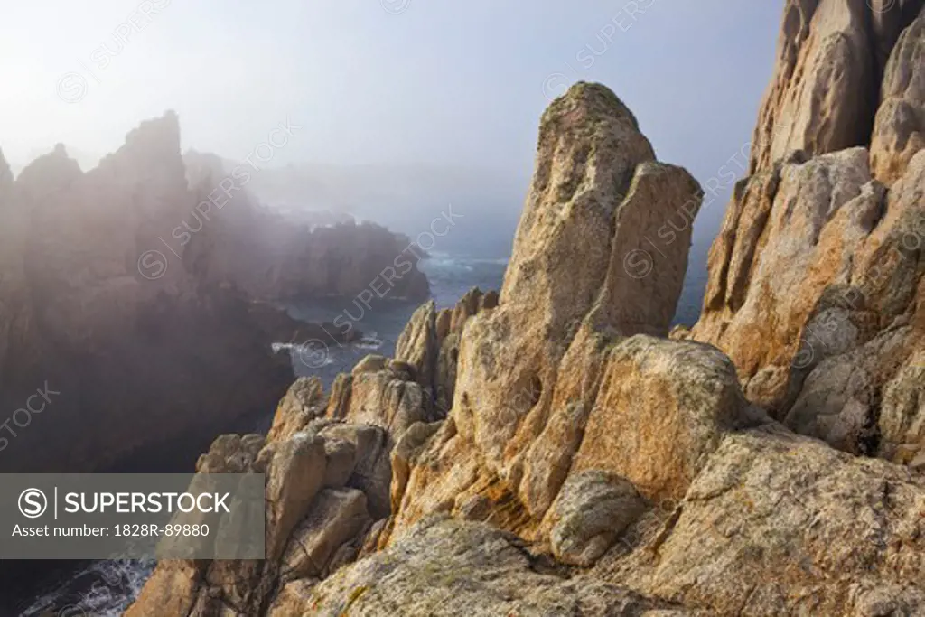 Rocky Coastline at Pointe de Creac'h with Fog, Ile d'Ouessant, Finistere, Brittany, France