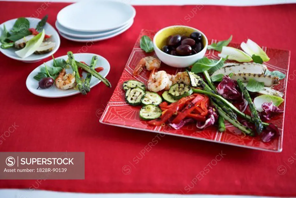 Antipasto with Grilled Vegetables, Shrimp, and Olives