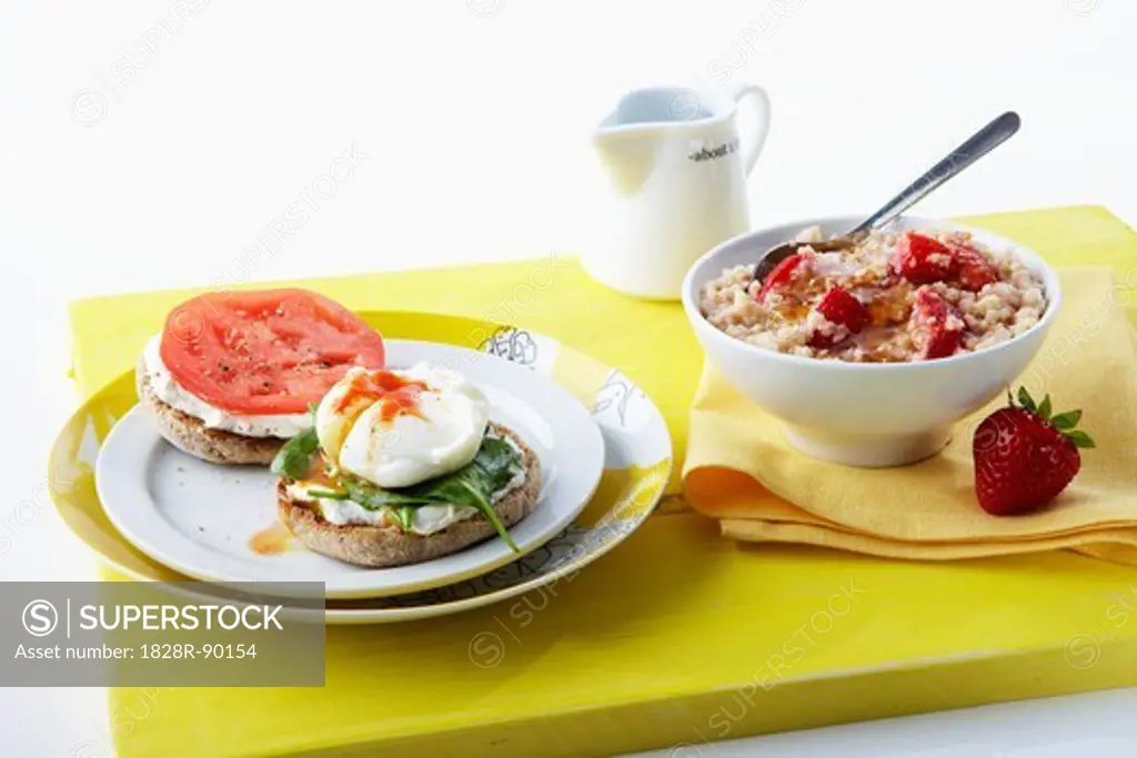 Hot Cereal with Strawberry and Poached Egg on English Muffin