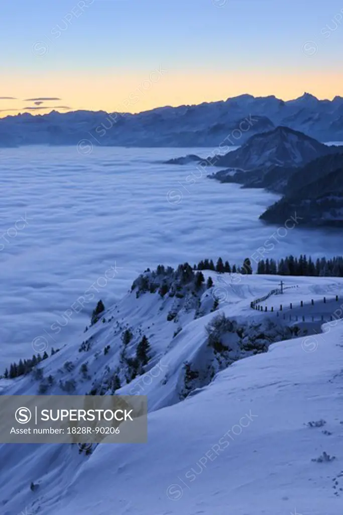 Sunrise from Rigi over Valley covered in Fog, Rigi Kulm, Arth, Lucerne, Canton Schwyz, Switzerland