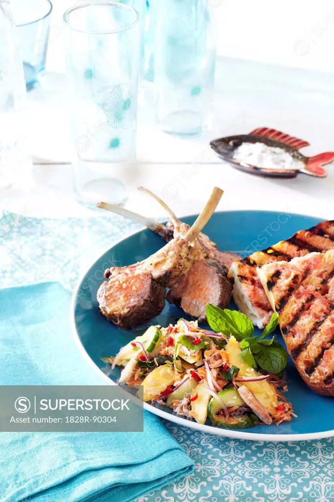 Lamb Chops with Seafood Salad and Grilled Bruschetta