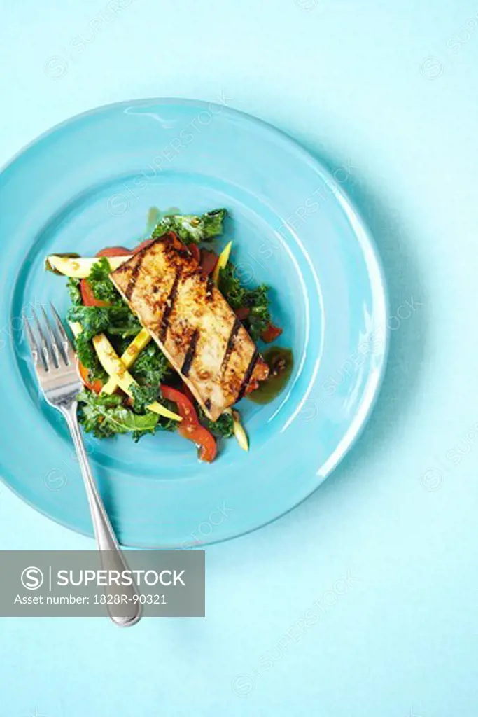 Grilled Marinated Tofu with Kale, Mango and Peppers