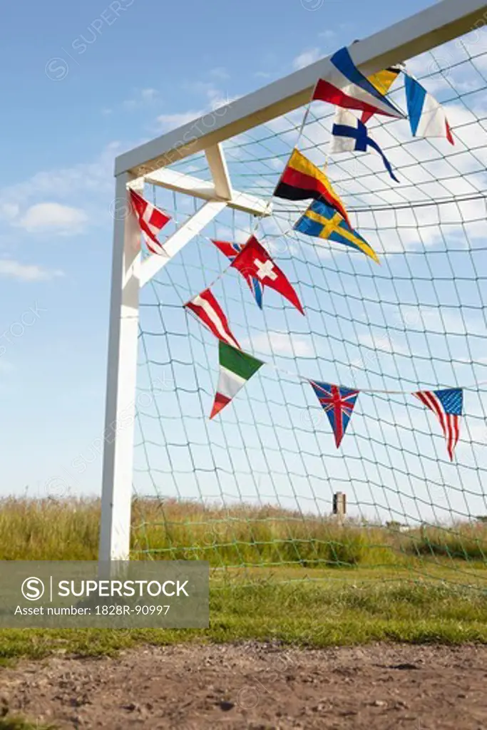 Soccer Net and Pendant Flags, Lysekil, Vastra Gotaland County, Bohuslaen, Gotaland, Sweden
