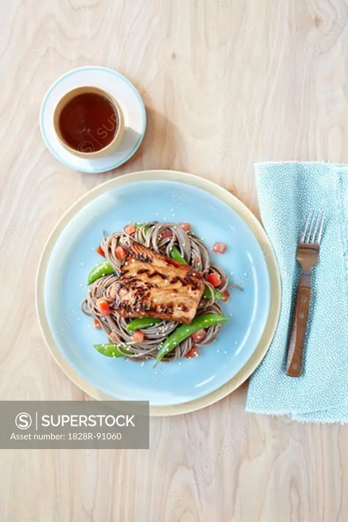 Salmon on Soba Noodles with Peas and Tomato