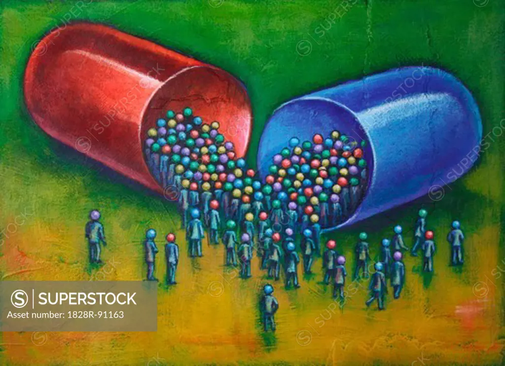 Illustration of Large Capsule Pill with a Crowd of People Gathered around the Pill
