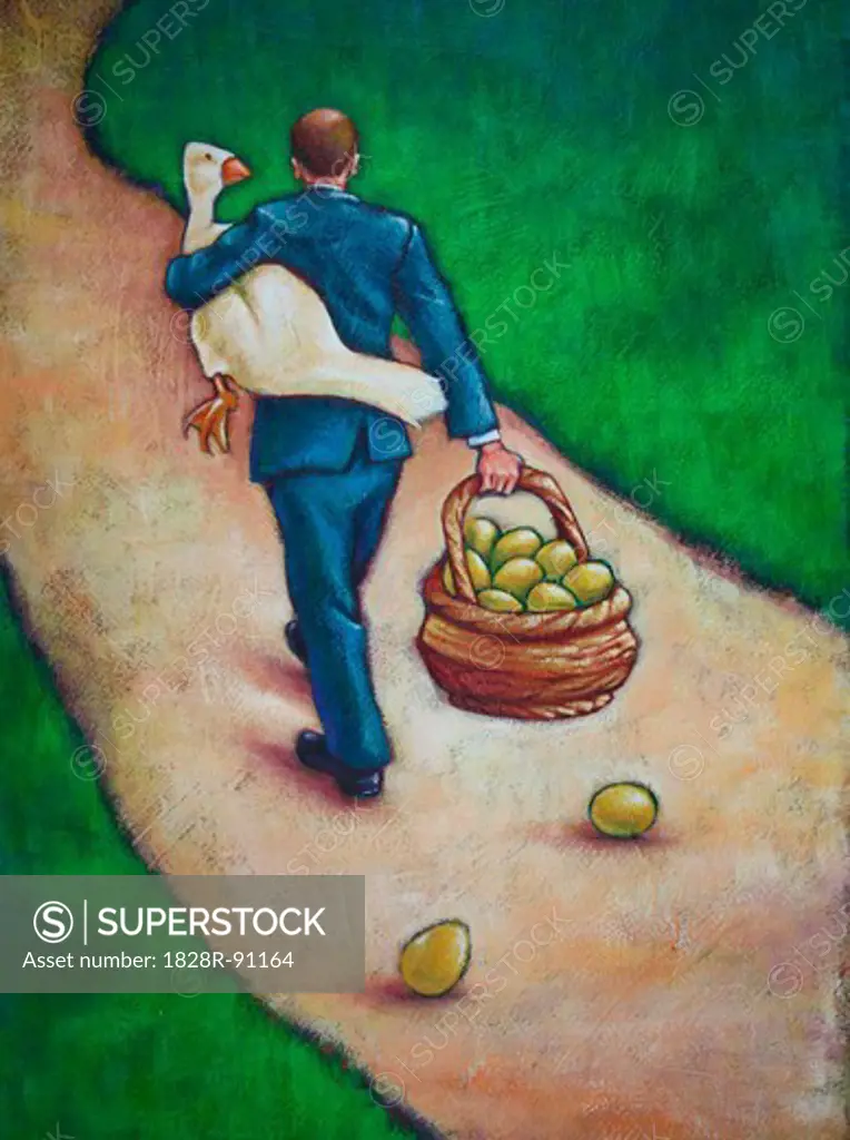 Illustration of Backview of Businessman Walkling on Path, holding a Goose and carrying a Basket of Golden Eggs
