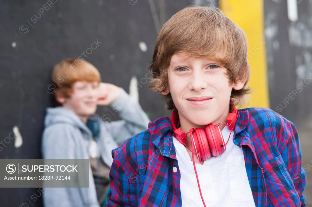 Boys wearing Headphones Outdoors, Mannheim, Baden-Wurttemberg, Germany