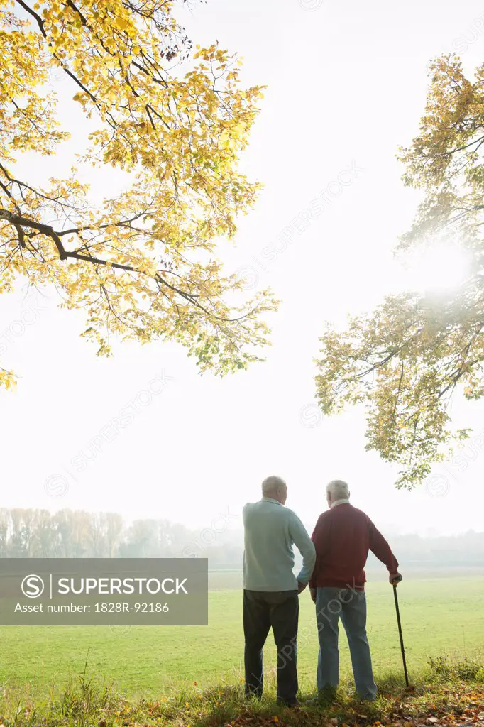 Back View of Senior Men Standing by Field in Autumn, Lampertheim, Hesse, Germany
