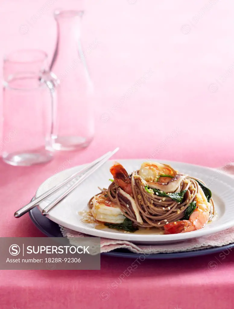 Soba Noodle Salad with Shrimp and Spinach on Plate with Chopsticks