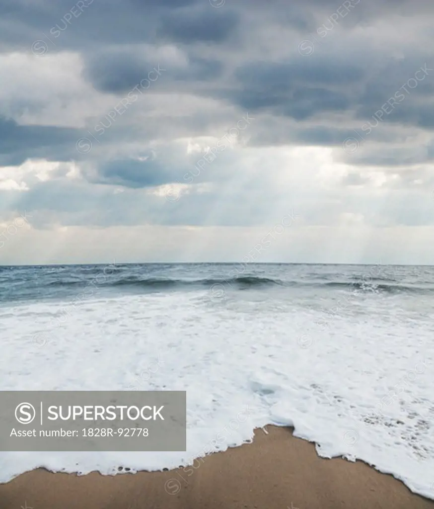Waves at Beach with Sunrays through Clouds, Point Pleasant, New Jersey, USA