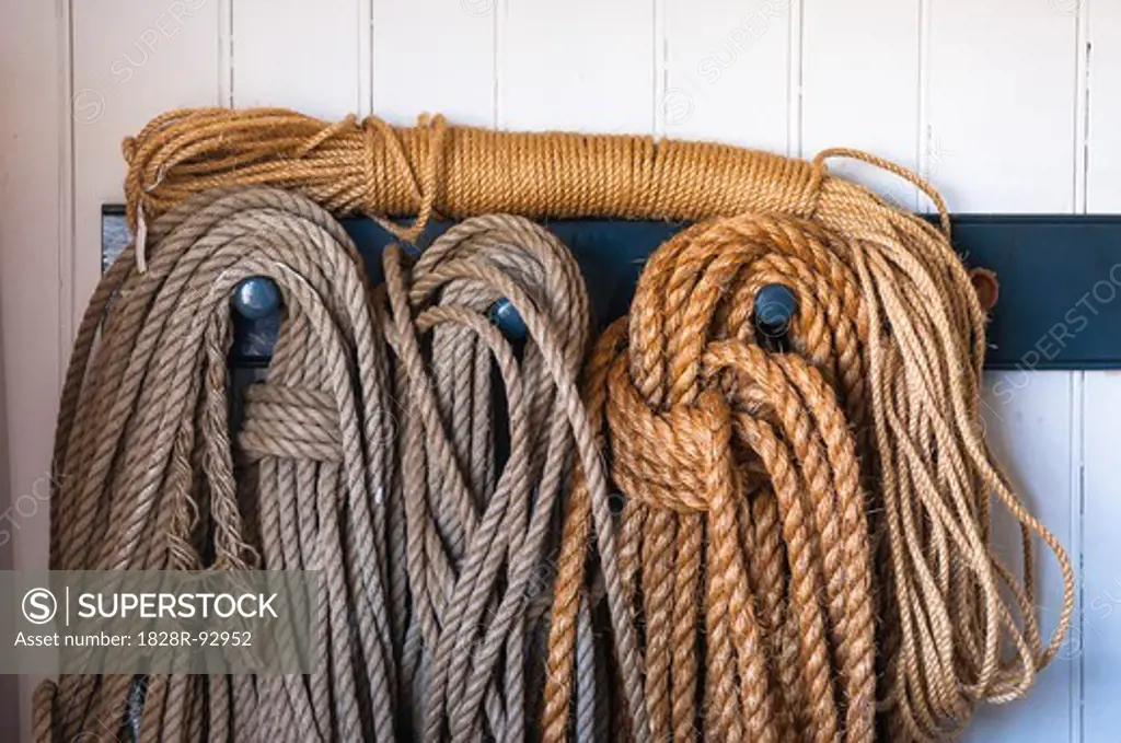 Close-up of Coiled Ropes Hanging on Hooks, Citadel Hill, Halifax, Nova Scotia, Canada