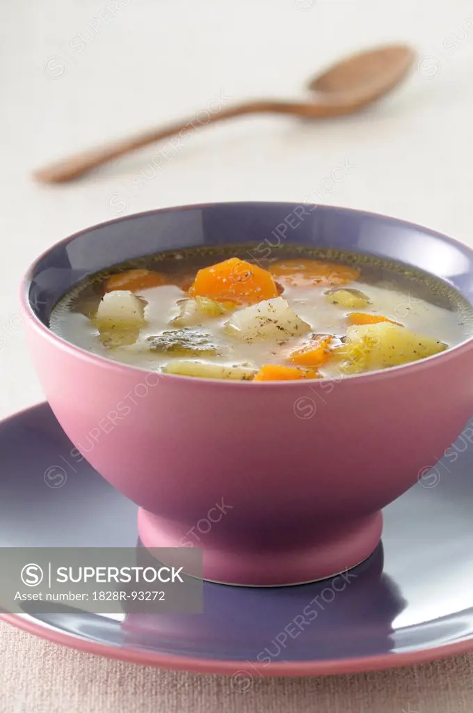 Close-up of Bowl of Vegetable Soup on Saucer, Studio Shot